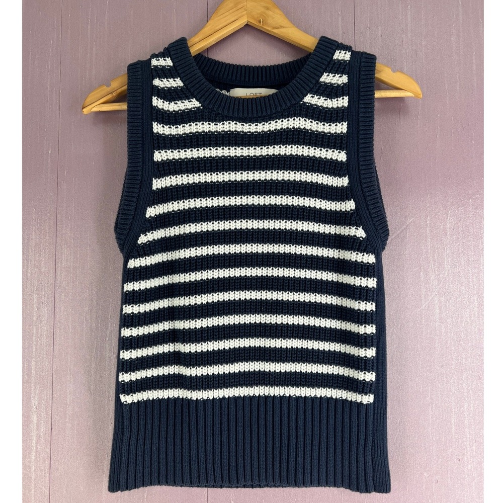 LOFT Womens Preppy Navy White Striped Knit Sleeveless Sweater Nautical Summer S
